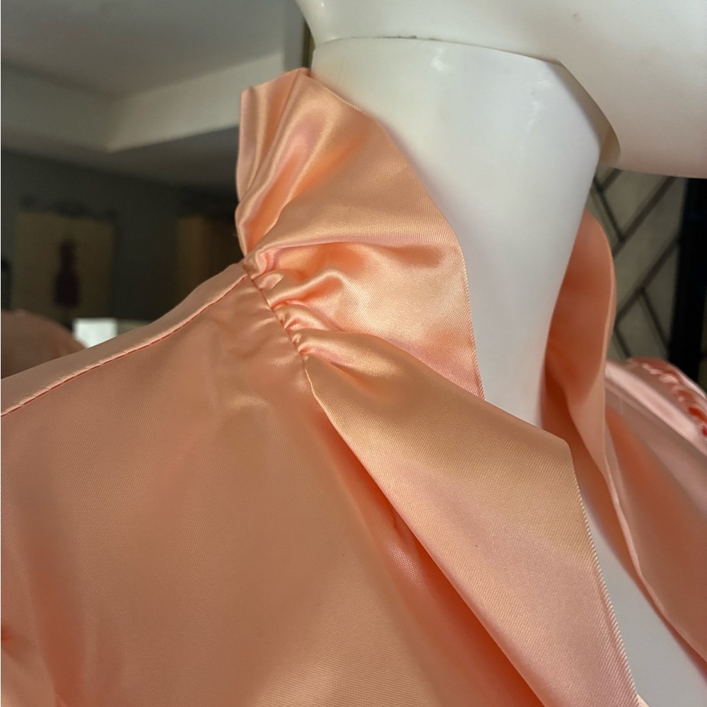 Chic Peach Satin Evening Dress - Picture 7 of 9